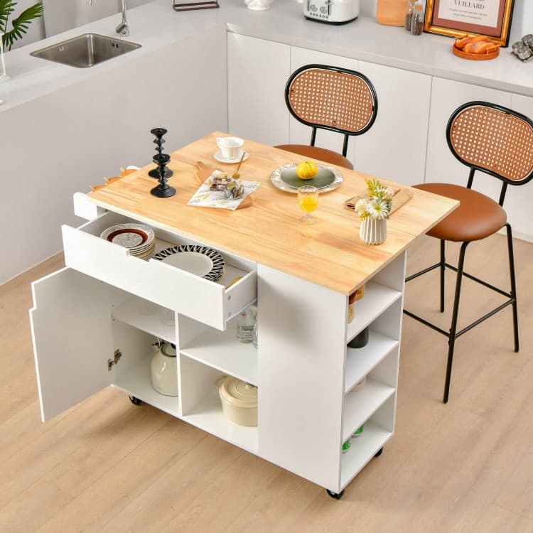 Drop-Leaf Kitchen Island with Rubber Wood Top - 49" x 30" x 36"(L x W x H)