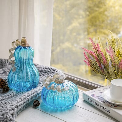 Glitzhome Fall Hand Blown Blue Glass Pumpkin Thanksgiving Table Decor