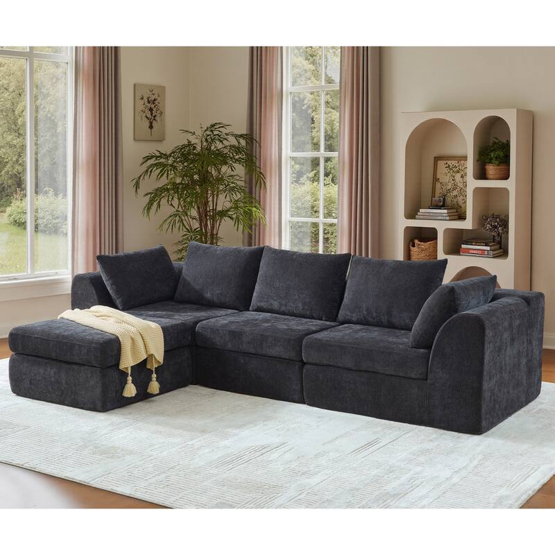 118 inch Oversized 3 Seater Deep Seat L-Shaped Sectional Couches Cloud Chenille Modular Boneless Sofa with Movable Ottoman - Grey