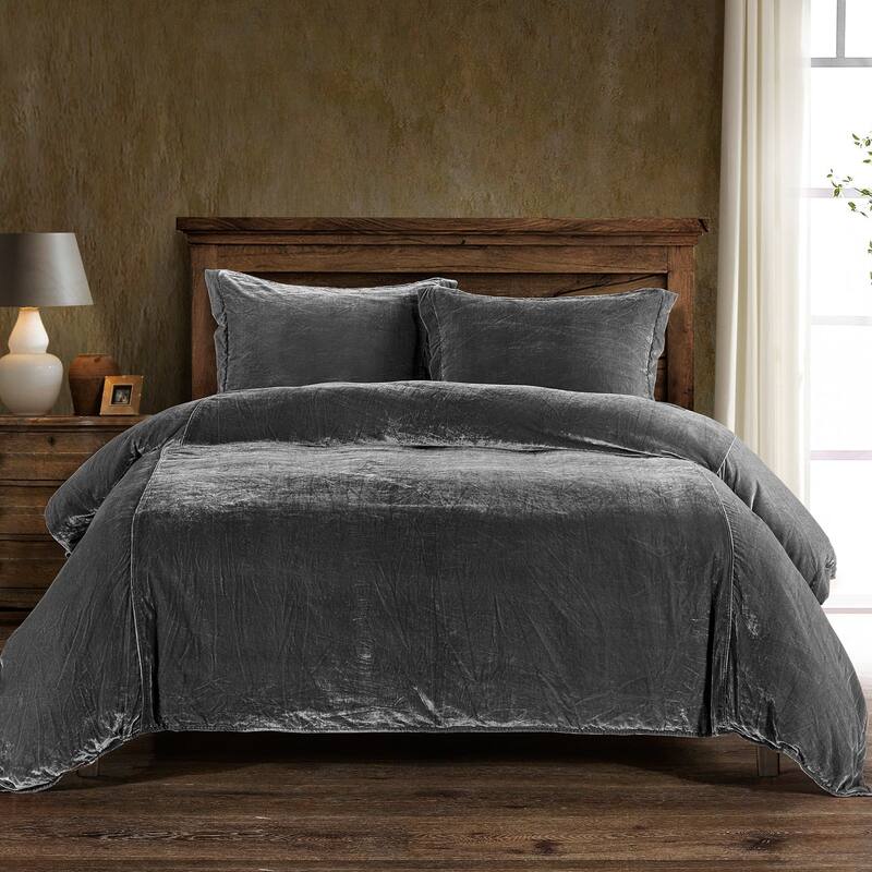 HiEnd Accents Stella Faux Silk Velvet Romantic Western 3 Piece Duvet Cover Set - Slate - King