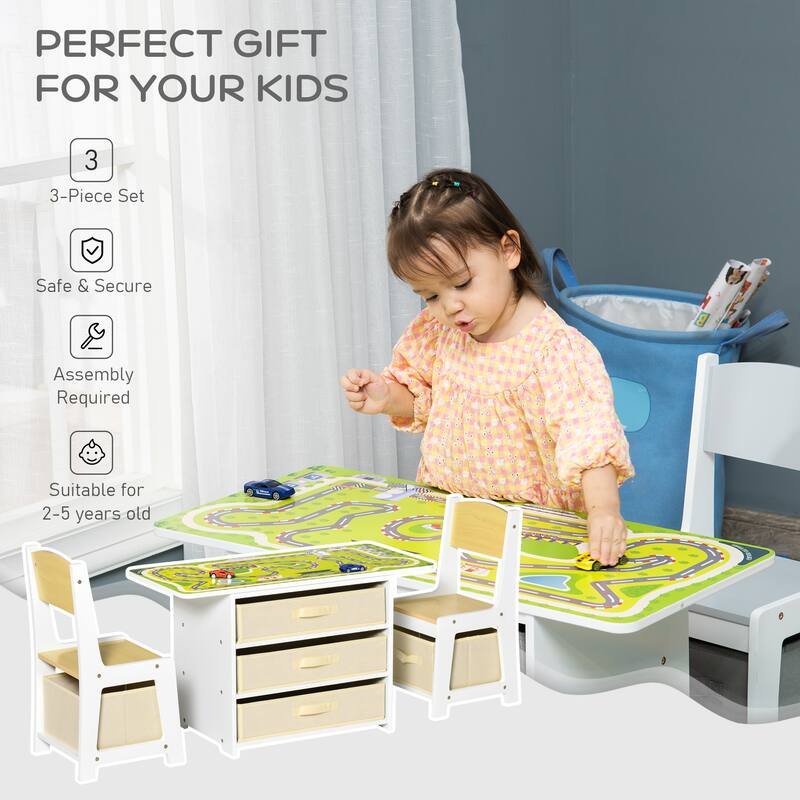 Kids Table and Chair Set with Triple Activity Top Whiteboard Road Map and Building Block Surface for Ages 2 to 5