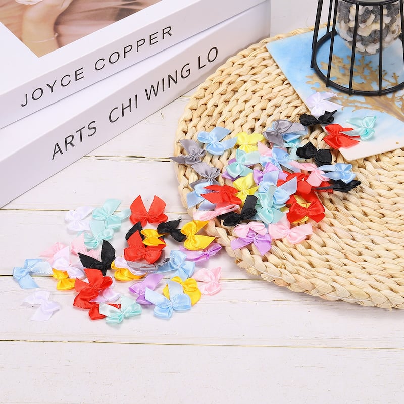 50Pcs Mini Ribbon Bows 1" Mini Fabric Satin Ribbon Gift Flower Bows