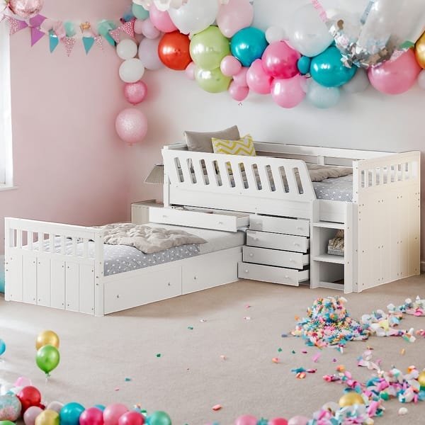 slide 2 of 9, L-shaped Twin Loft Bed and Twin Platform Bed with 7 Drawers White