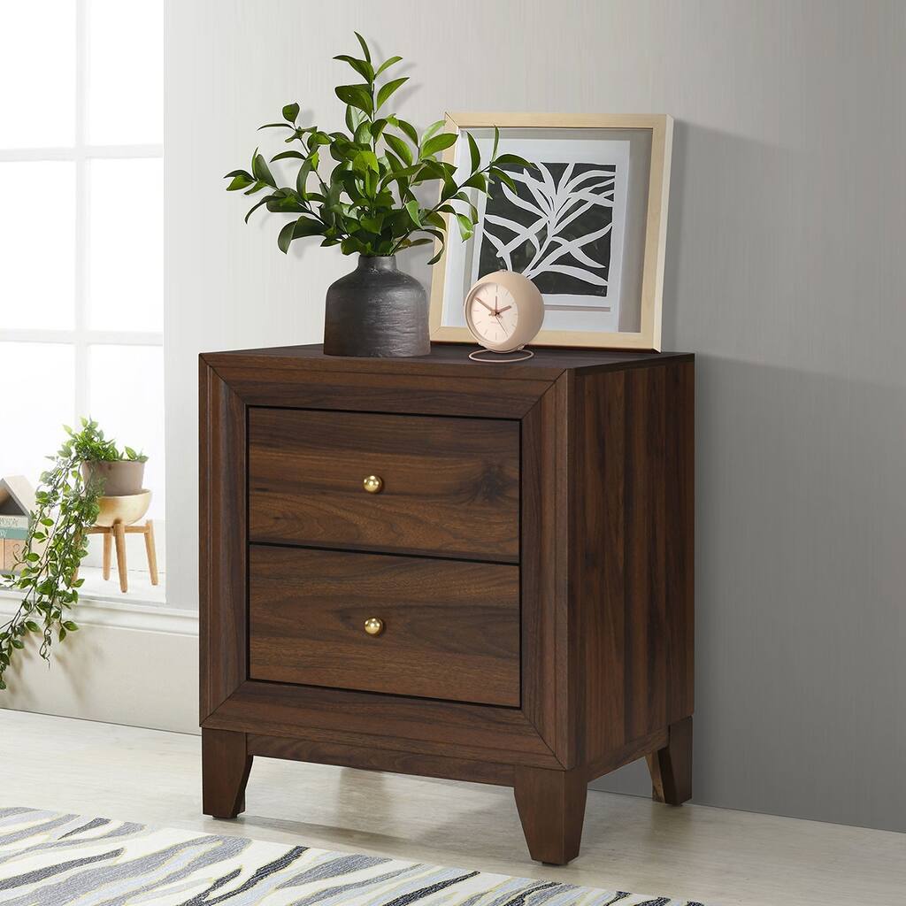 Walnut 2-Drawer Nightstand with Gold Ball Knobs