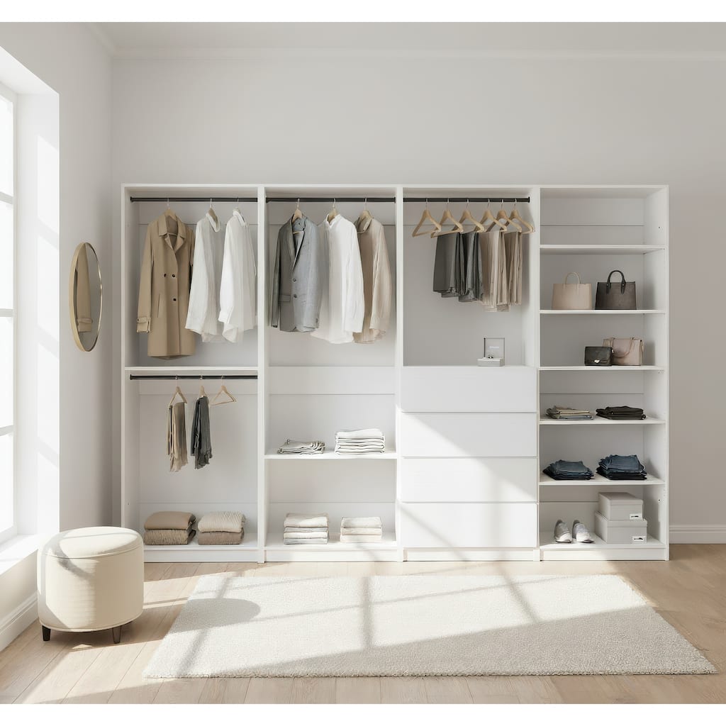 Prosper White Freestanding Walk in Wood Closet System - 125.6"W x 15.7"D x 83" H