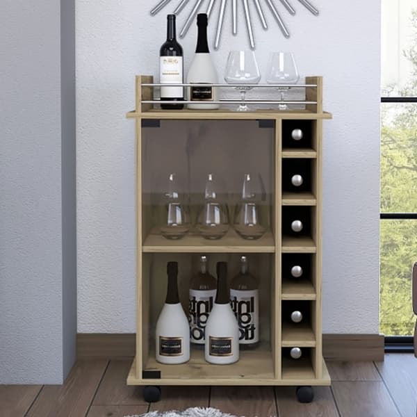 Sleek Bar Cart with Glass Door, Six Wine Cubbies, Locking Casters, Top Shelf - Carbon Espresso - Oak