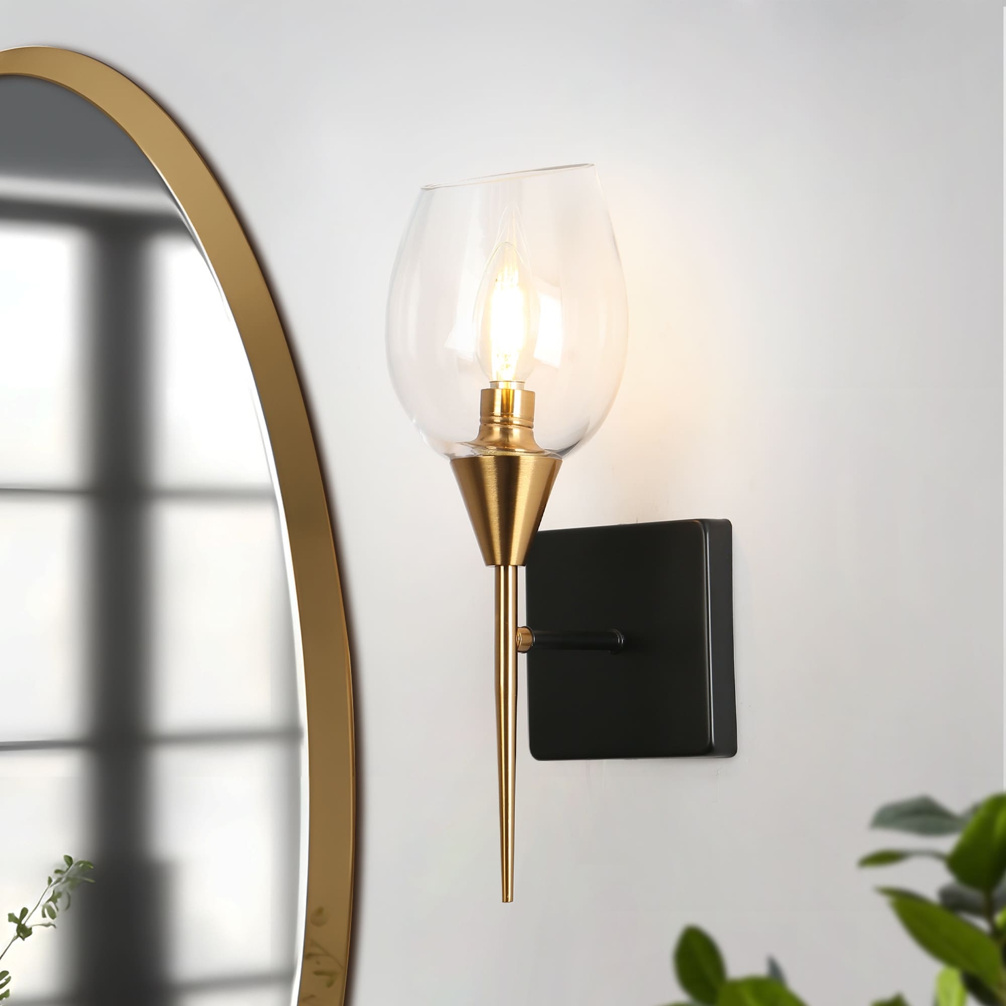 Coria Mid-century Modern 1-Light Black Brass Wall Sconce Glass Bathroom Wallchiere lighting - 14.5"H x 6.7"D