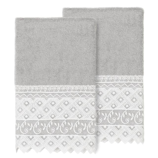 Authentic Hotel and Spa 100% Turkish Cotton Aiden 2PC White Lace Embellished Hand Towel Set - Light Gray