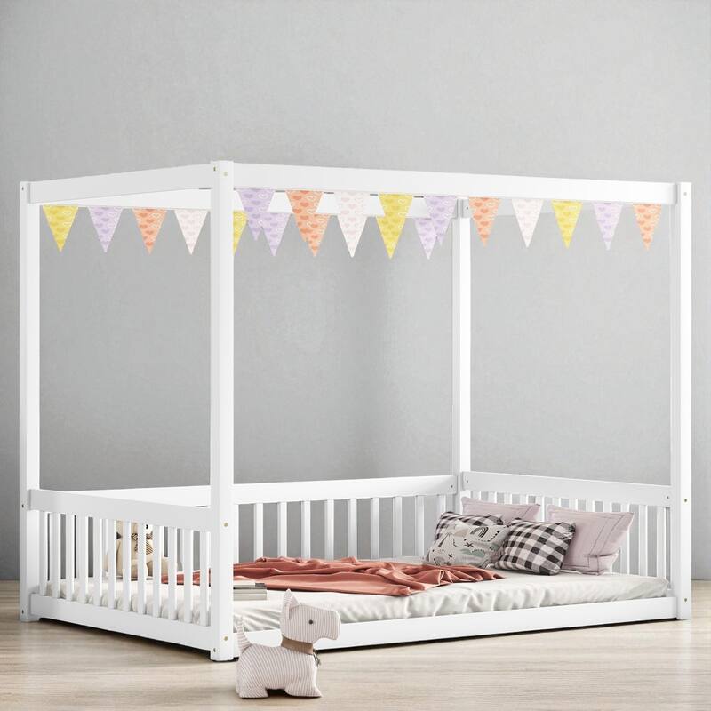 Full Size Wooden Canopy Floor Bed with Guardrails and Fence, Rubber Wood Frame, Kids Montessori Bed