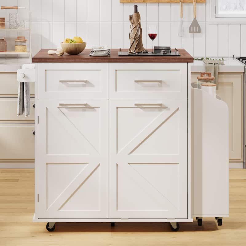 47.2"Farmhouse Kitchen Island with Drop Leaf, Removable Side Racks,Two Drawers,Rolling Kitchen Cart on Wheels with Towel Rack