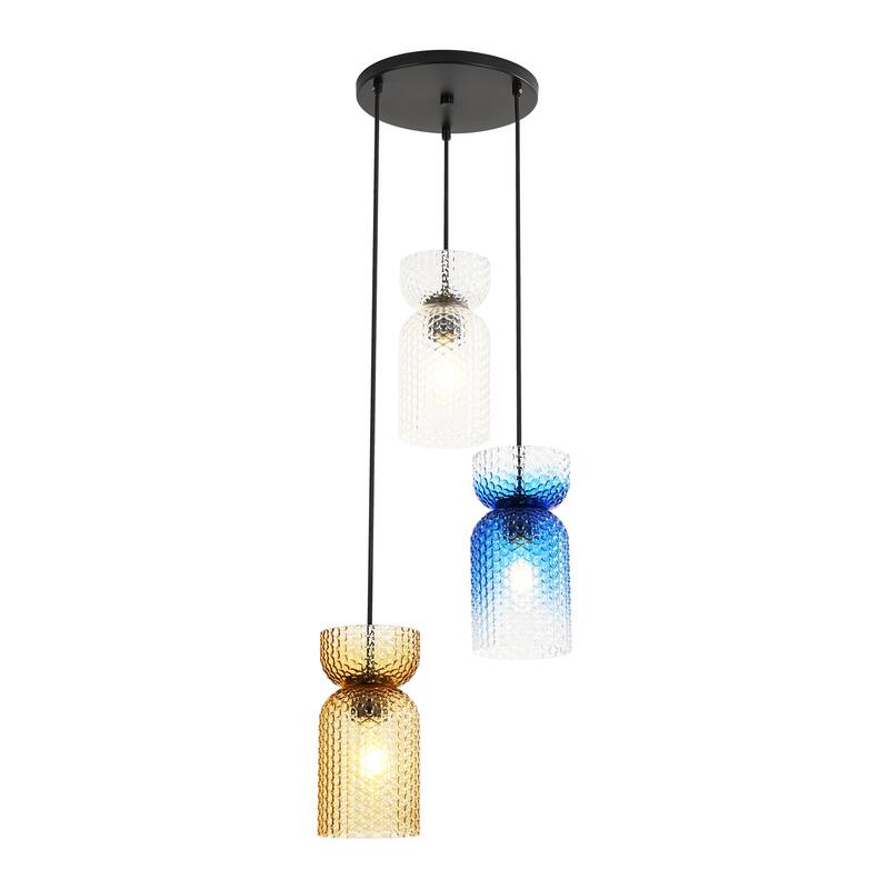 1/3-Light Modern Glam Bell-Shaped Adjustable Island Pendant Light with Clear/Blue/Amber Textured Glass