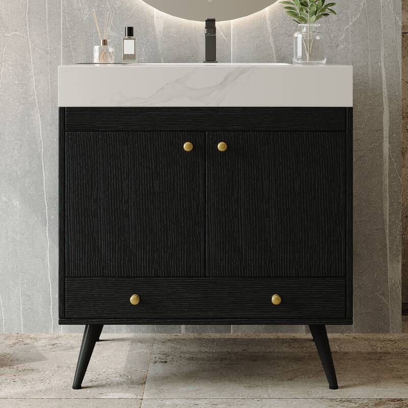 Contemporary 30" Freestanding Bathroom Vanity with Faux Marble Top & Ceramic Sink, Double Door Cabinet - Black+White