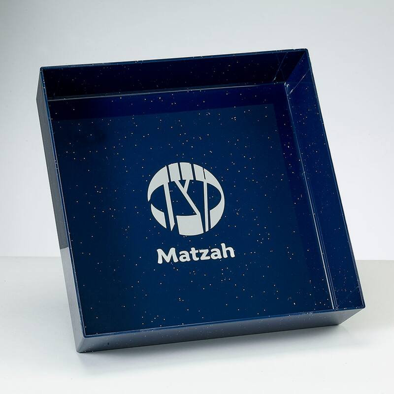 8.5" Blue Square Passover Matzah Tray with Silver Glitter
