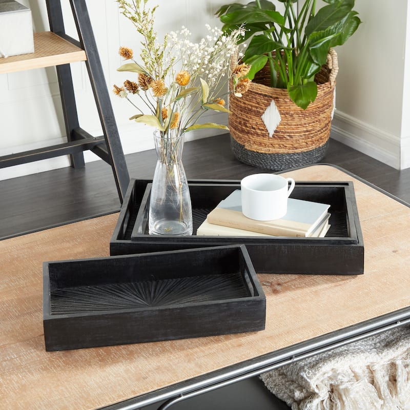 Mango Wood Starburst Carved Tray - Set of 3 Black - Roche River Decor - 13"W x 18"L x 3"H