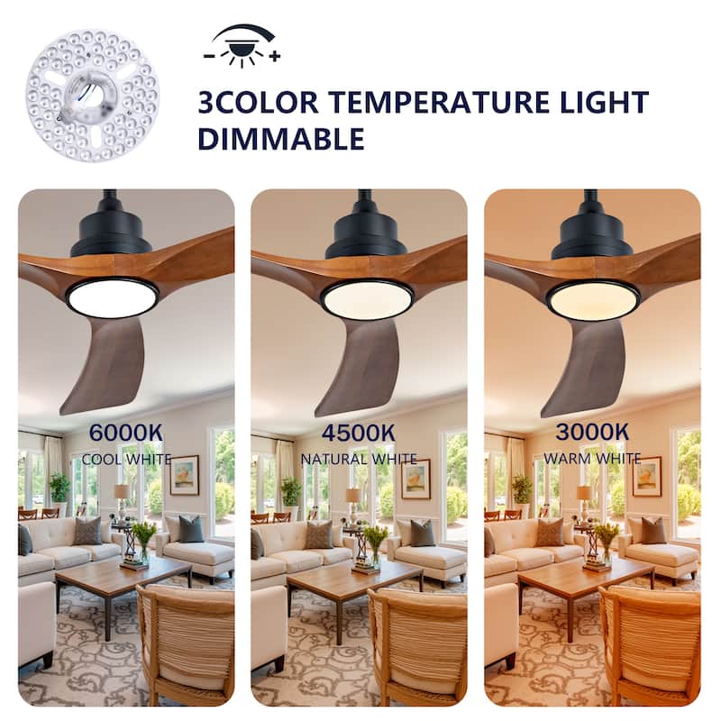 52 Inch Wood Ceiling Fan With 3 Solid Wood Blades Remote Control Reversible DC Motor For Living Room - Black