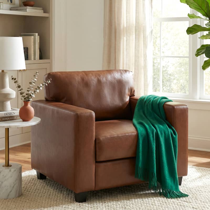 Christopher Knight Home - Harry Modern Upholstered Faux Leather Accent Armchair with Square Arms & High-Density Foam Seat - Brown