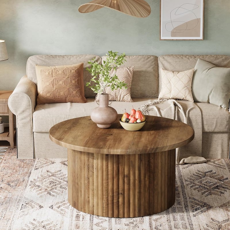 Round Coffee Table with Metal Base for Living Room