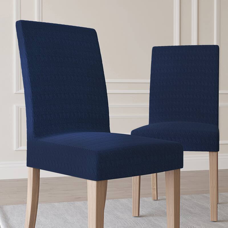 No. 918 Sparta 2-pack Houndstooth Textured Stretch Fit Elastic Dining Chair Cover Pair - 28" x 39" - Navy Blue