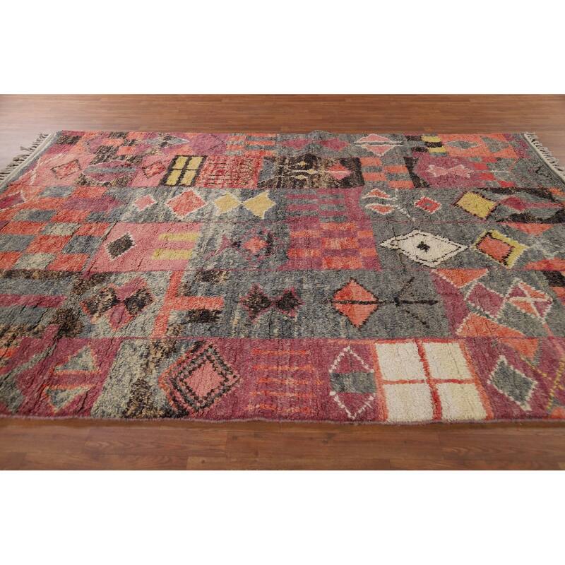 Geometric Plush Moroccan Oriental Rug Hand-Knotted Grey Wool Carpet - 7'9" x 10'5"