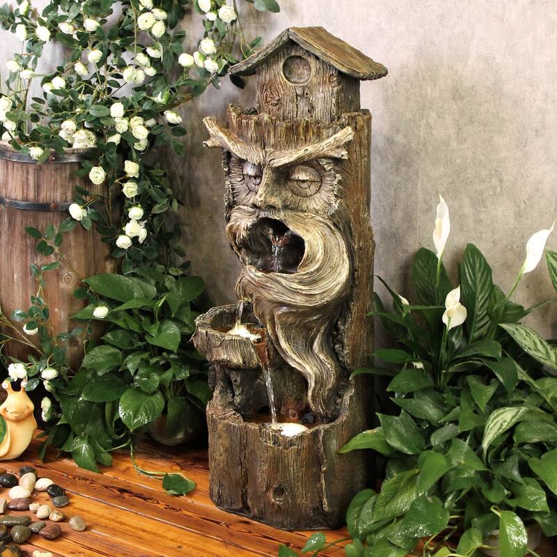 3-Tier Cascading Tree Trunk Water Fountain with LED Lights for Patio and Garden