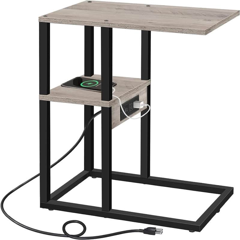 C Shaped End Table with Charging Station - 11.8"D x 15.4"W x 23.4"H - Greige