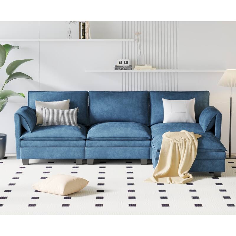 L-Shaped Sectional Sofa with Movable Ottoman, Fabric Upholstered 3 Seater Sofa, Deep Seat Sofa with Side Pockets