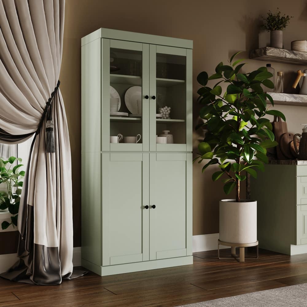 Palace Imports 100% Solid Wood 32" Pantry Cabinet with Clear Glass, Shaker Doors and Adjustable Shelves