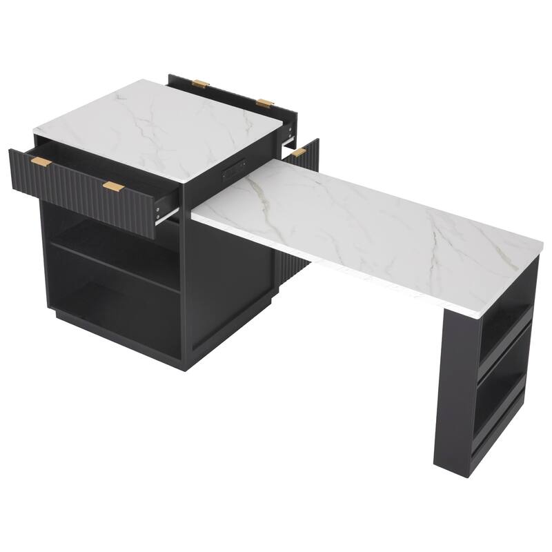 Roomfitters 82.6" Fluted Kitchen Island with 51" Extendable Dining Table for 4-6, Power Outlet