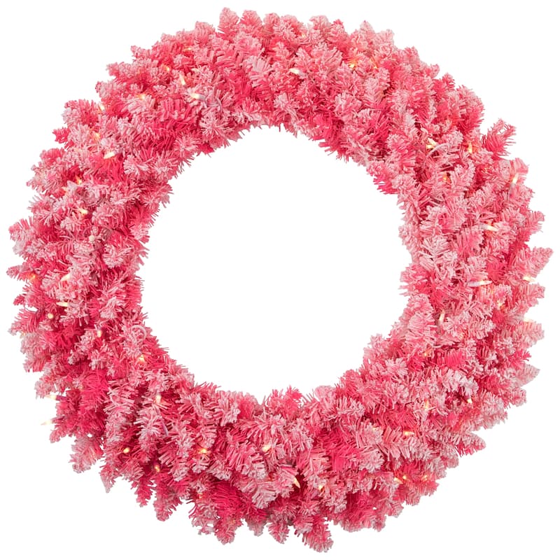 Pre-Lit Flocked Pink Artificial Christmas Wreath 36 Inch, Clear Lights