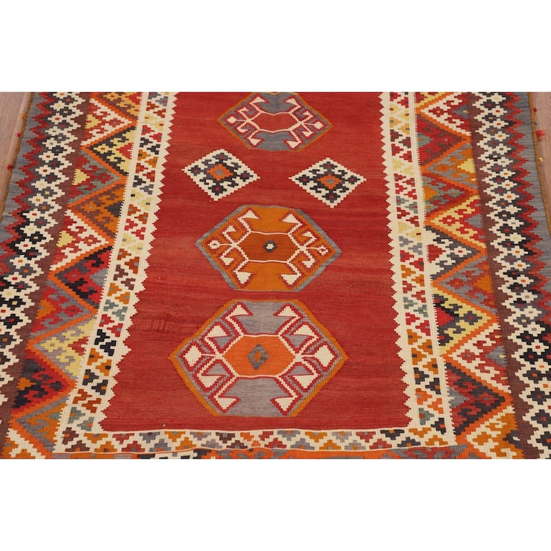 Kilim Qashqai Persian Vintage Rug Hand-Woven Orange Wool Carpet - 4'5"x 7'4"