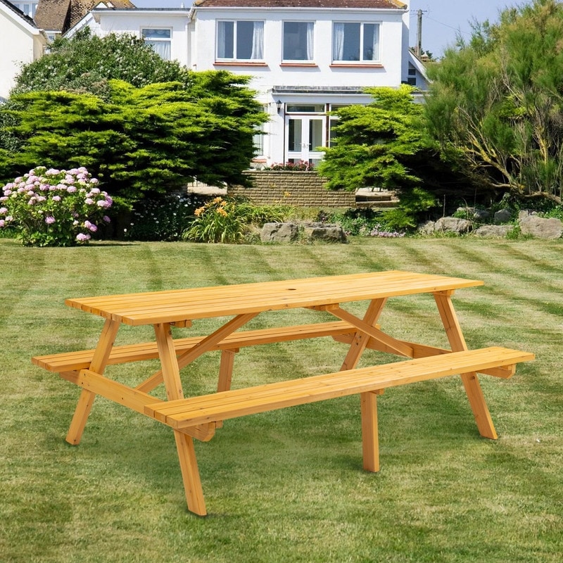 8-Person Wooden Picnic Table with 2 Built-in Benches for Outdoor