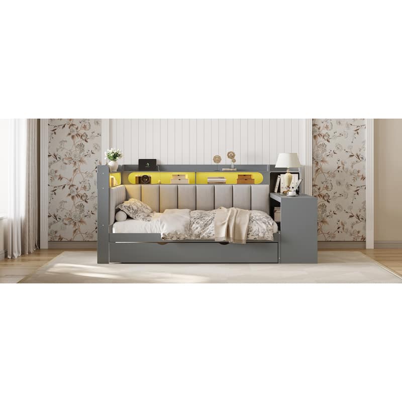 Roomfitters Full Daybed with Trundle, Charging Station and Upholstered Headboard