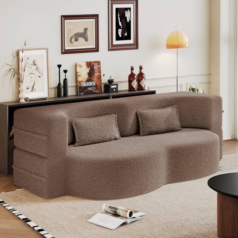 Modern 78.7" Floor Sofa With 2 Pillows For Small Pace Living Room, Convertible Sleeper Sofa Bed - Brown Teddy Fabric