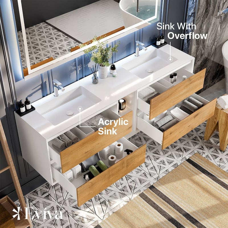 Eviva Vienna 75" White DS Bath Vanity with Integrated Acrylic Top