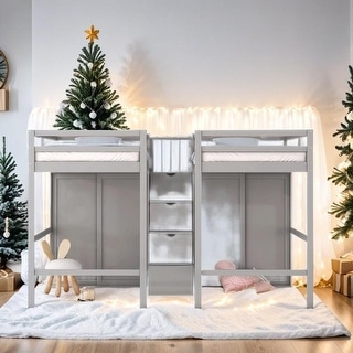 Elegant Double Twin Loft Beds with Wardrobes and Staircase, Grey