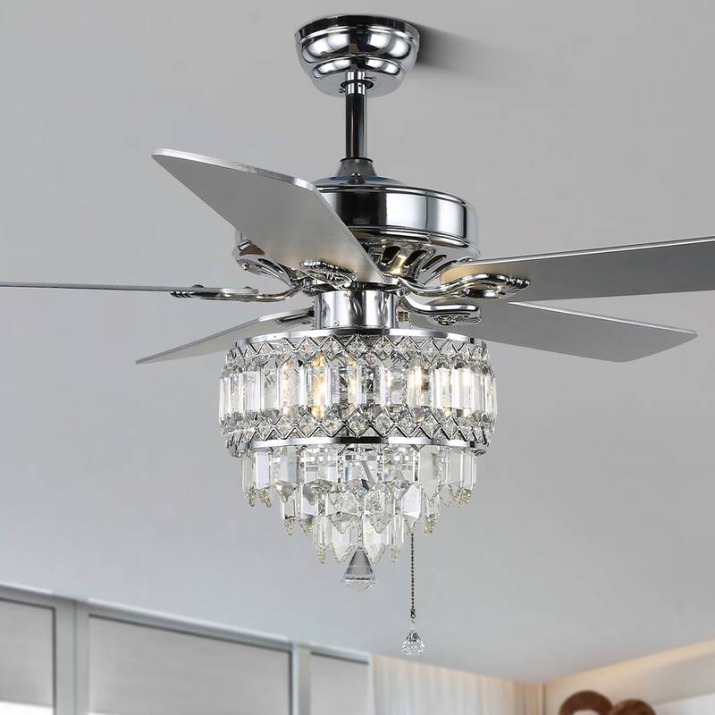 CurveCurio 52-inch Classic Ceiling Fan with Crystal Light Shade, 3 Light, Remote Control and Pull Chain Control for Living Room