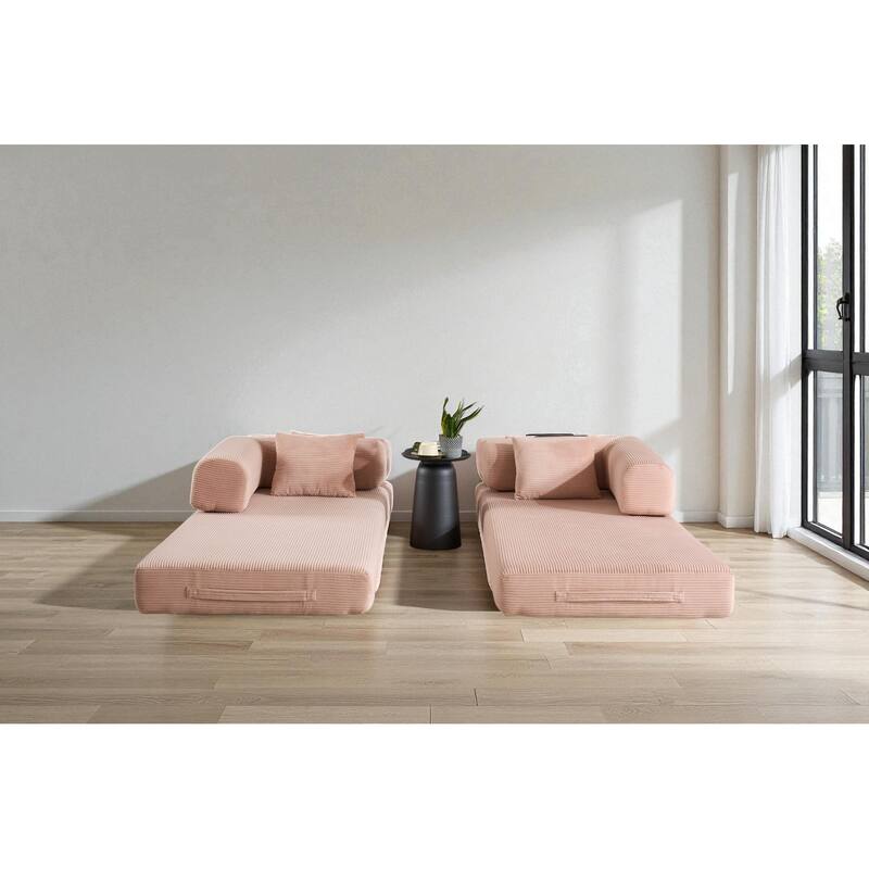 Convertible Corduroy Sleeper Sofa Bed, 4-in-1 Folding Mattress Couch with Cylindrical Pillow & Fixed-Shape Frame, No-Assembly