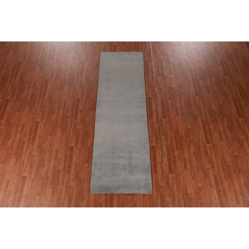 Hand Knotted Oriental 100% Wool Carpet Modern Solid Greys & Charcoal Gabbeh Runner Rug - 9' 10'' X 3' 0''