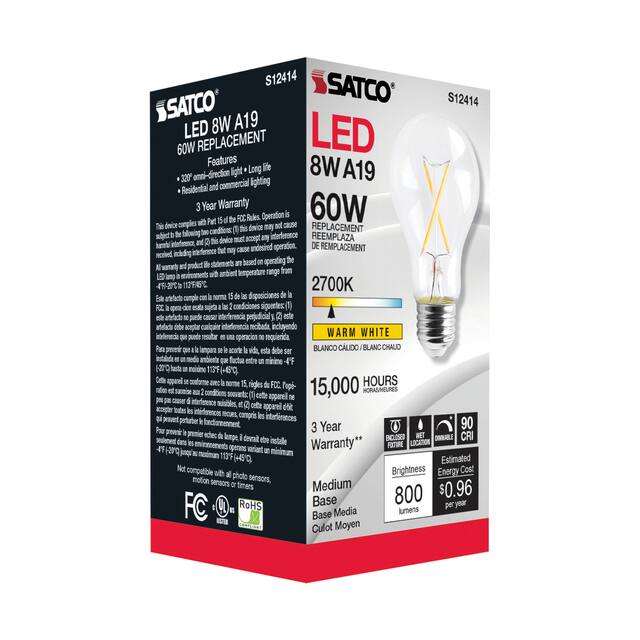 8 Watt LED A19 Clear Medium Base 2700K 90 CRI 120 Volt