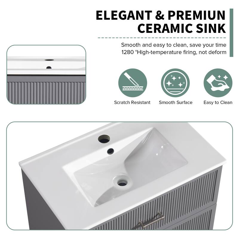 30" Freestanding Bathroom Vanity with Ceramic Sink and 2 Storage Drawers, Stylish Gray Floor Cabinet