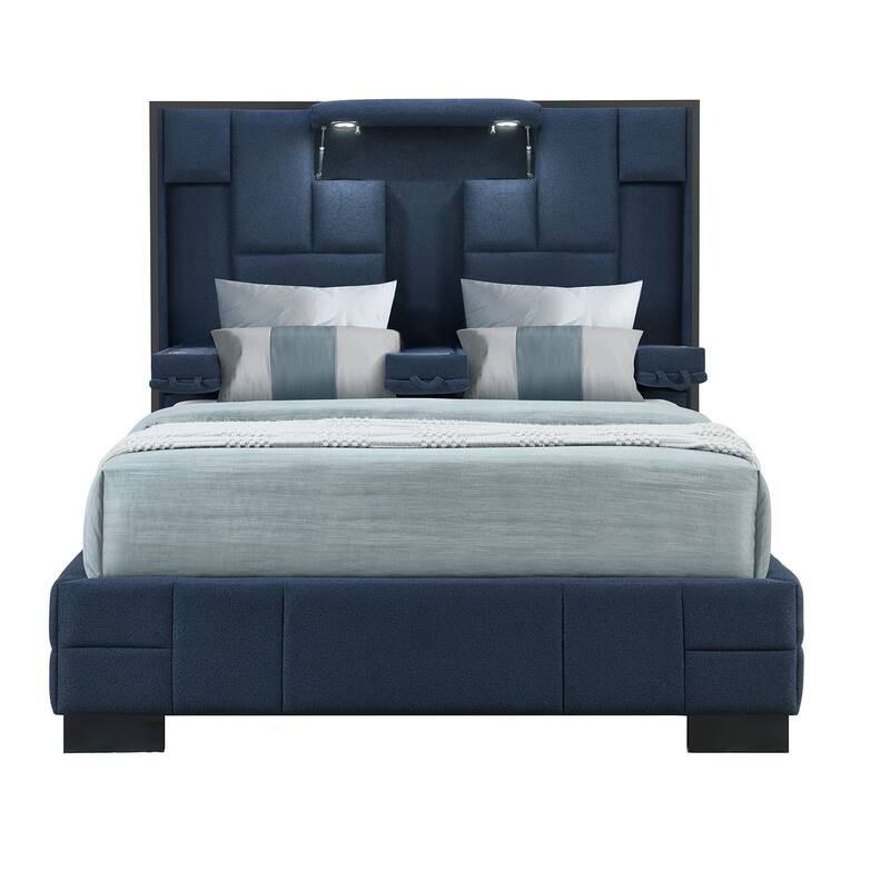 HomeRoots Navy Blue Tufted Upholstered Lighted King Bed Frame
