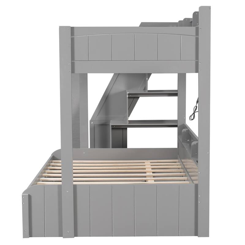 Twin over Full Bunk Bed with Storage Staircase - Trundle, Shelves, LED & USB for Kids Room