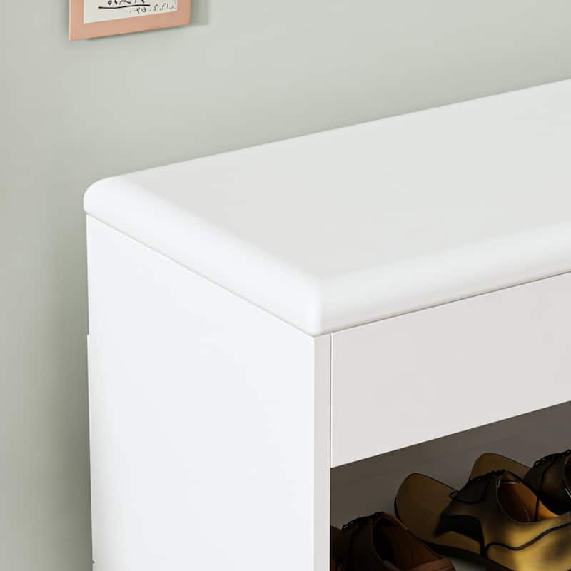Timechee 24" White Entryway Shoe Storage Bench w/ Open Shelf (6 Pairs)