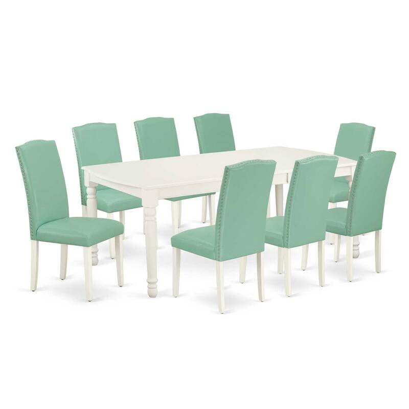 Medieval Dining Set 9Pc Table & Chairs - 60x78 Inch Rectangle Table with Leaf & 8 PU Leather Parson Chairs