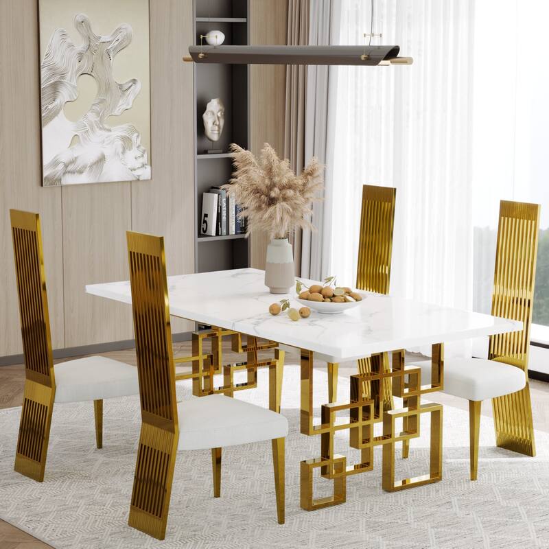 Faux Mable Dining Table Set with White Boucle and High Back Chairs