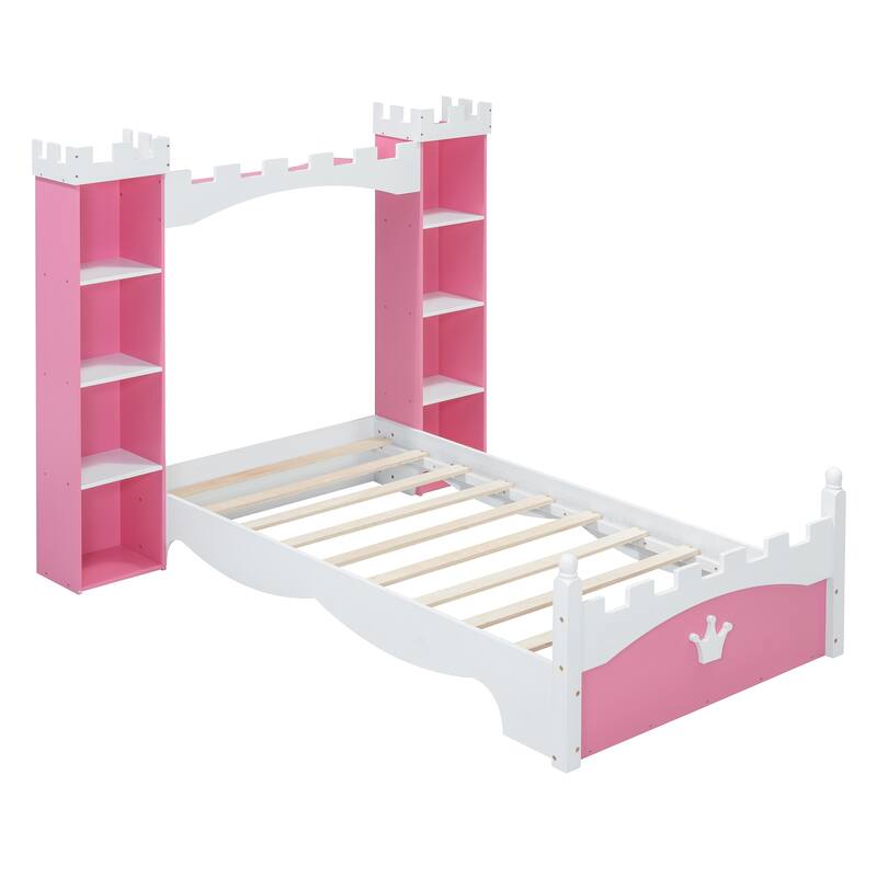 Castle-Shaped Wooden Platform Bed Frame, Kids Dreamy Panel Bed, 2 Storage Cabinets on Both Sides of the Bed