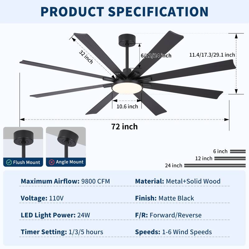 72 Inch Modern Minimalist Ceiling Fan with Light, Solid Wood Blades, Quiet Reversible DC Motor, Remote, 6 Speeds