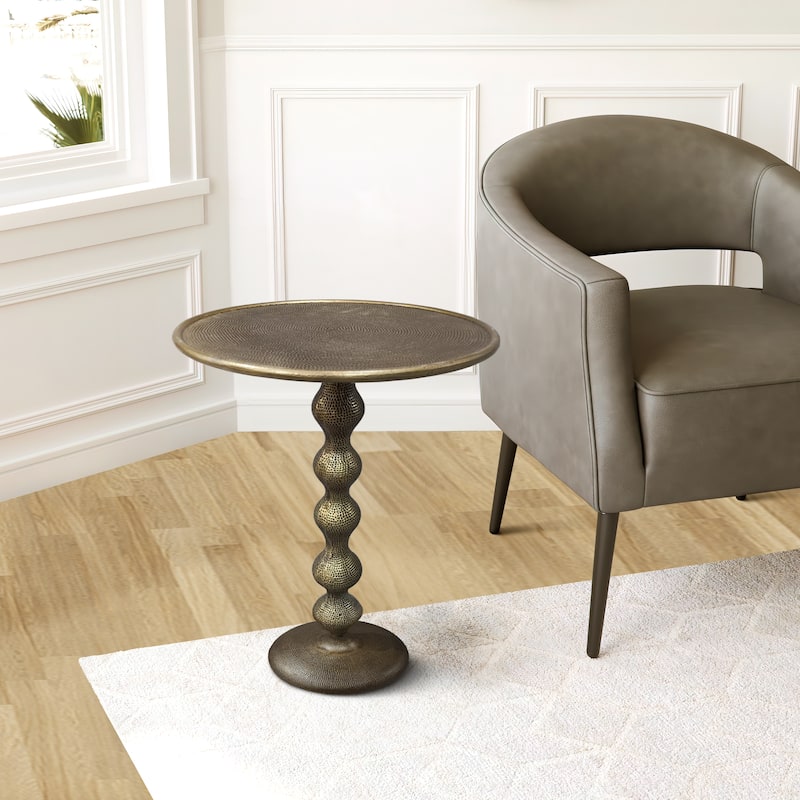 Shae 22 Inch Round Side End Table - Antique Brass Cast Aluminum with Hammered Texture For Small Places