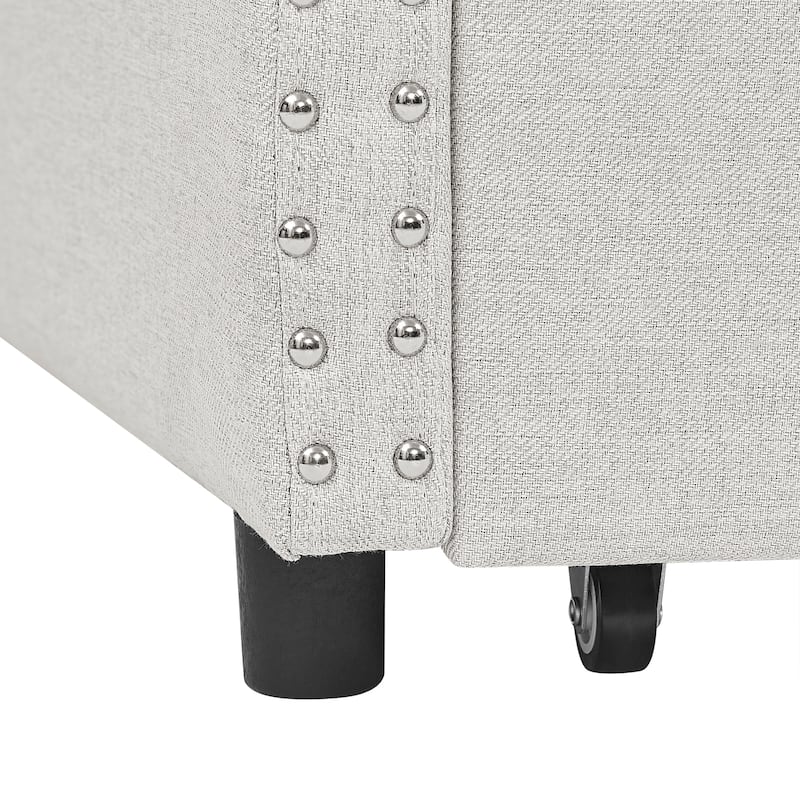 Mid-Century Linen Upholstered Daybed Platform Bed Frame with Storage Drawers, Button Tufted Back and Nailhead Trim Arms