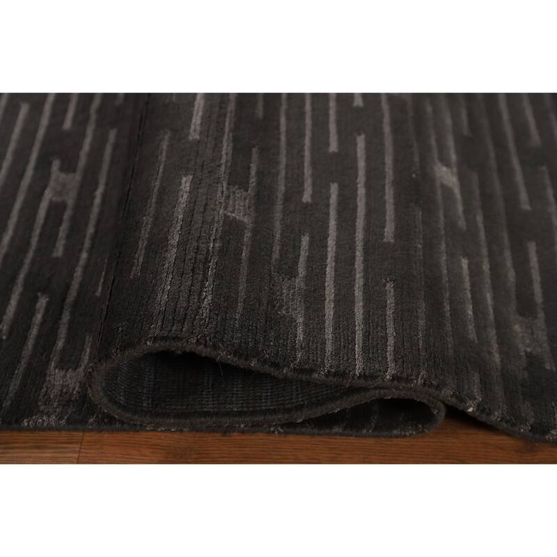 Striped Black Nepalese Indian Area Rug Hand-Knotted Wool Carpet - 9'0" x 11'8"